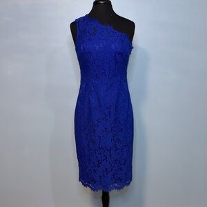 Eliza J Elegant Royal Blue Lace One-Shoulder Midi Dress Size 8